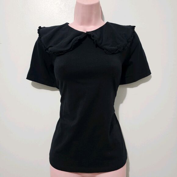 INC International Concepts - T-Shirt Ruffled Collar - Size M - Black - 100Cotton - Picture 1 of 9